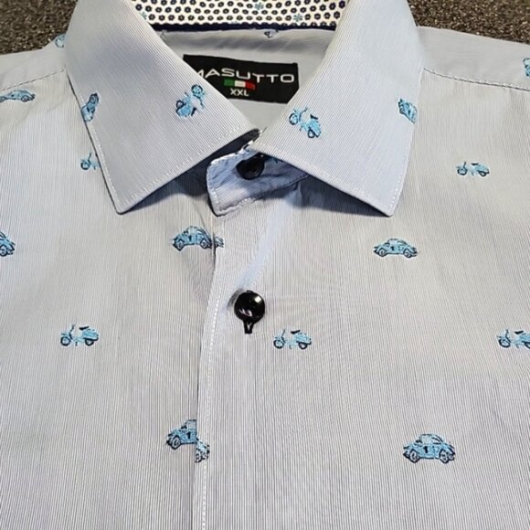 Masutto Men's Shirt Size XXL Blue Embroidered Scooter & Car Contrast Cuffs - Picture 4 of 13